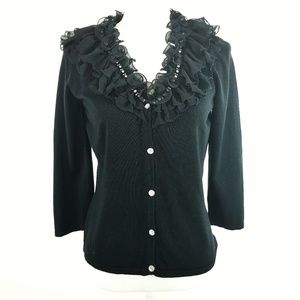 Alberto Makali Black Ruffled Rhinestone Cardigan L